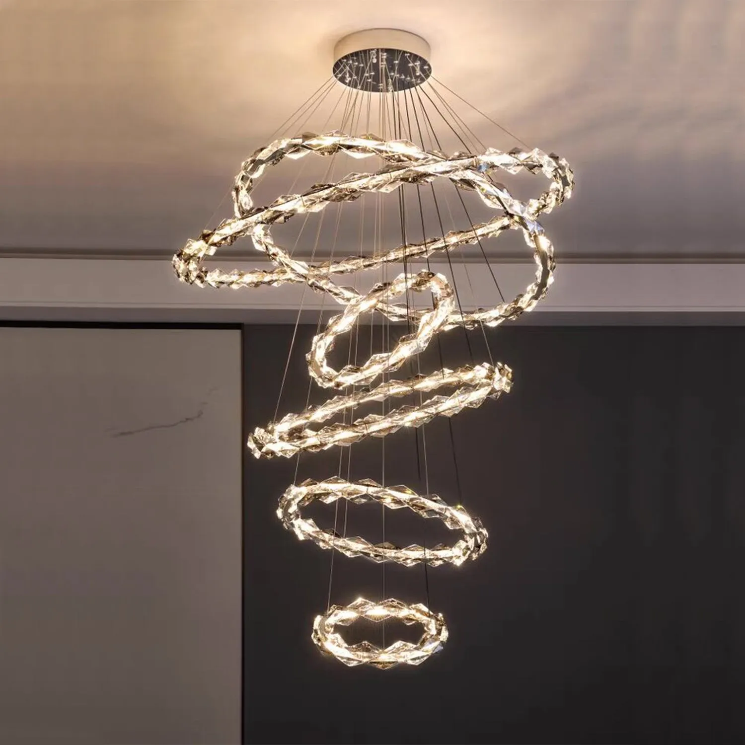Oversized Multi-Tiered Rings Crystal Chandelier Modern Clear and Grey Crystal Ceiling Light Fixture For Staircase/Foyer/Hallway/Entryway