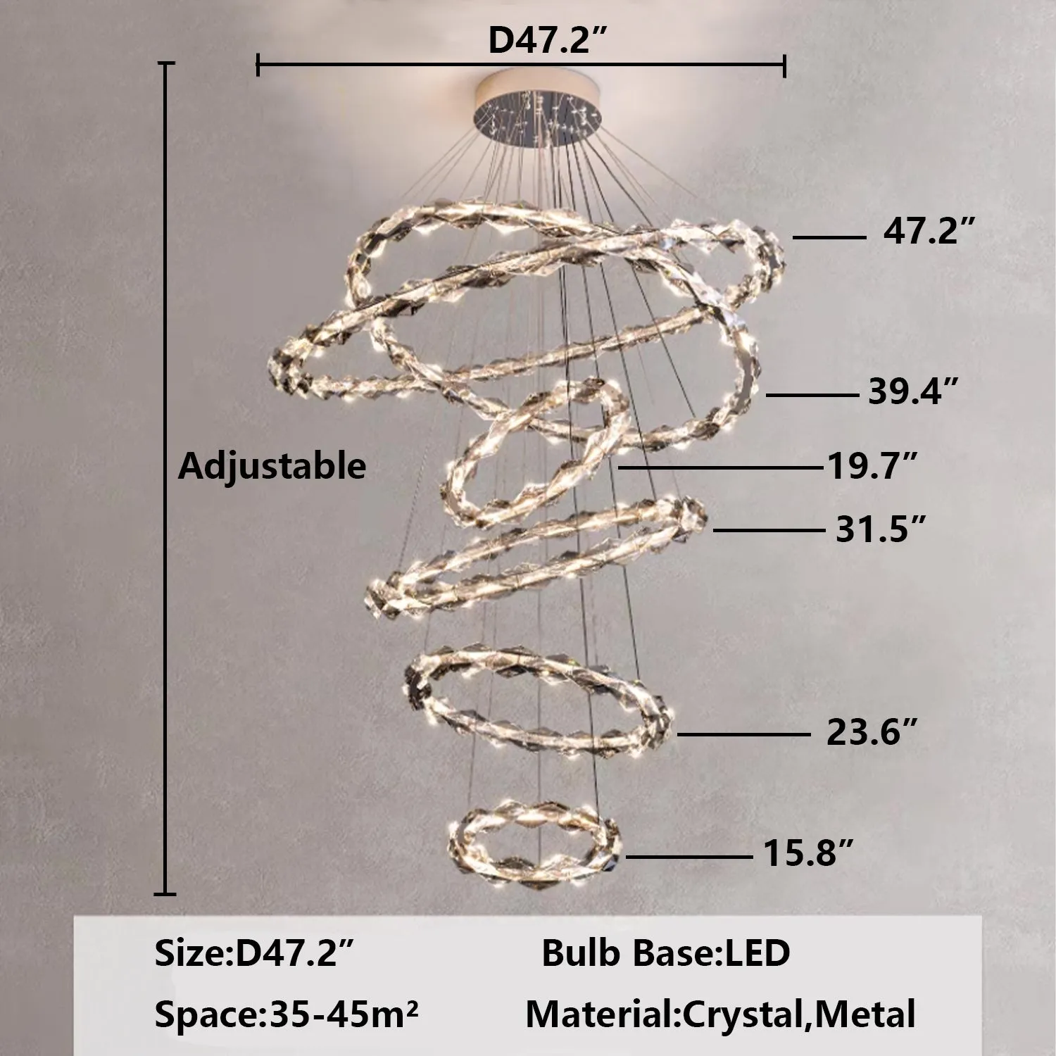 Oversized Multi-Tiered Rings Crystal Chandelier Modern Clear and Grey Crystal Ceiling Light Fixture For Staircase/Foyer/Hallway/Entryway