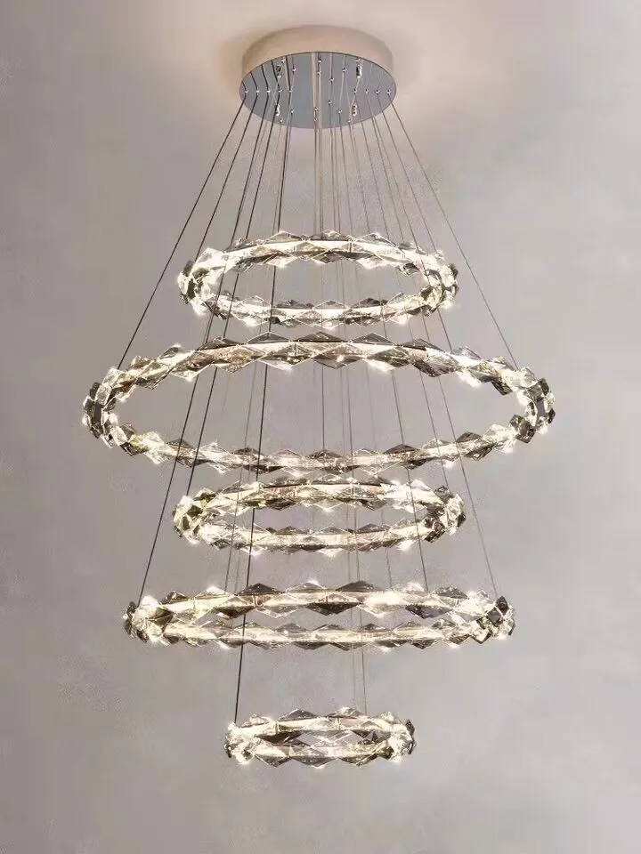 Oversized Multi-Tiered Rings Crystal Chandelier Modern Clear and Grey Crystal Ceiling Light Fixture For Staircase/Foyer/Hallway/Entryway