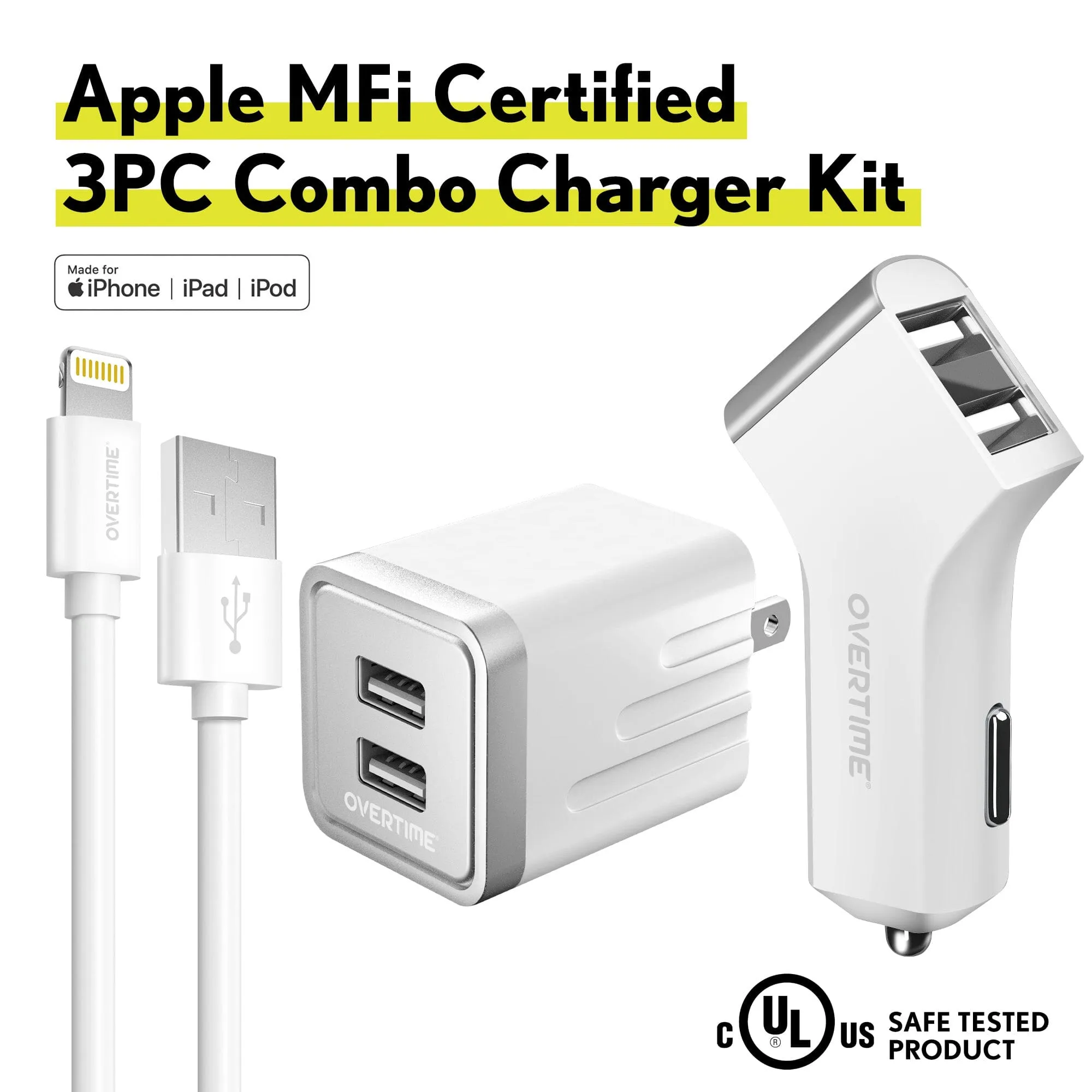 Overtime Home and Car Complete Charging Kit: Fast Wall & Car Chargers   Durable Lightning Cable