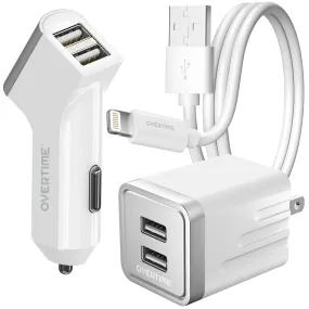 Overtime Home and Car Complete Charging Kit: Fast Wall & Car Chargers   Durable Lightning Cable