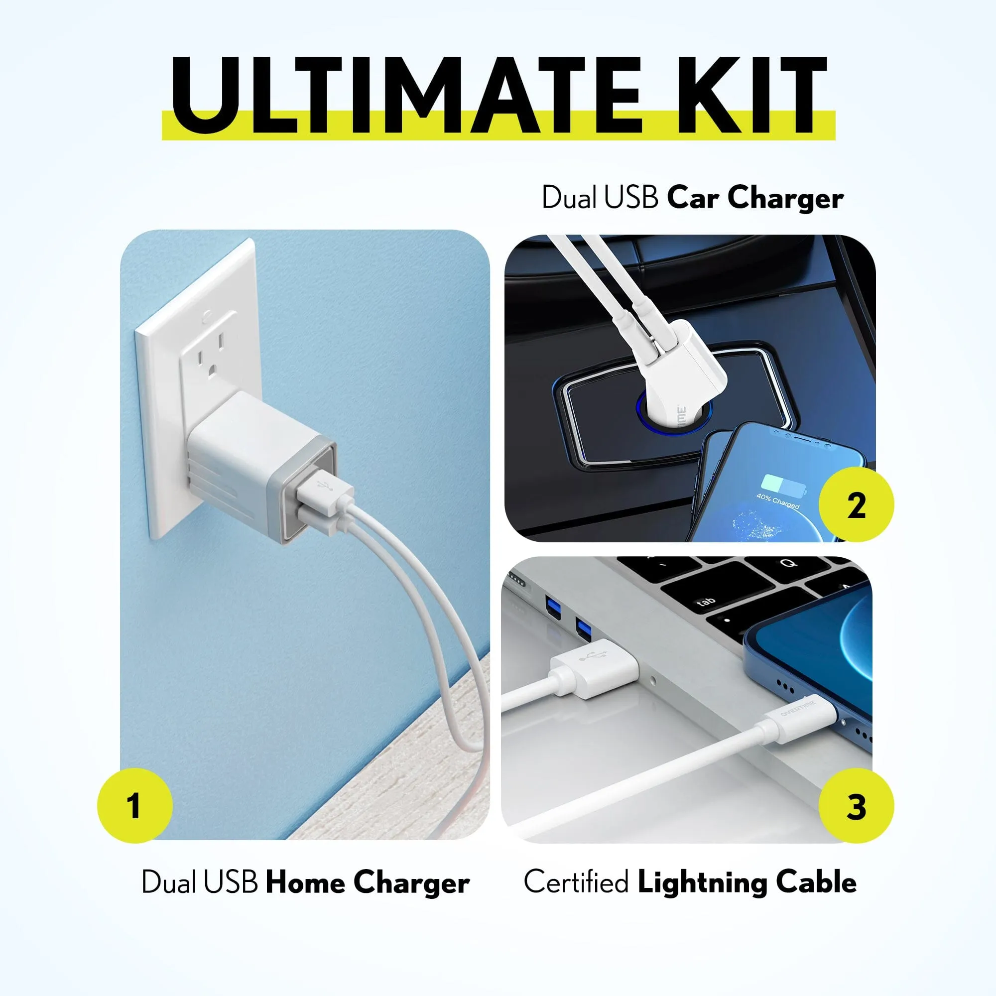 Overtime Home and Car Complete Charging Kit: Fast Wall & Car Chargers   Durable Lightning Cable