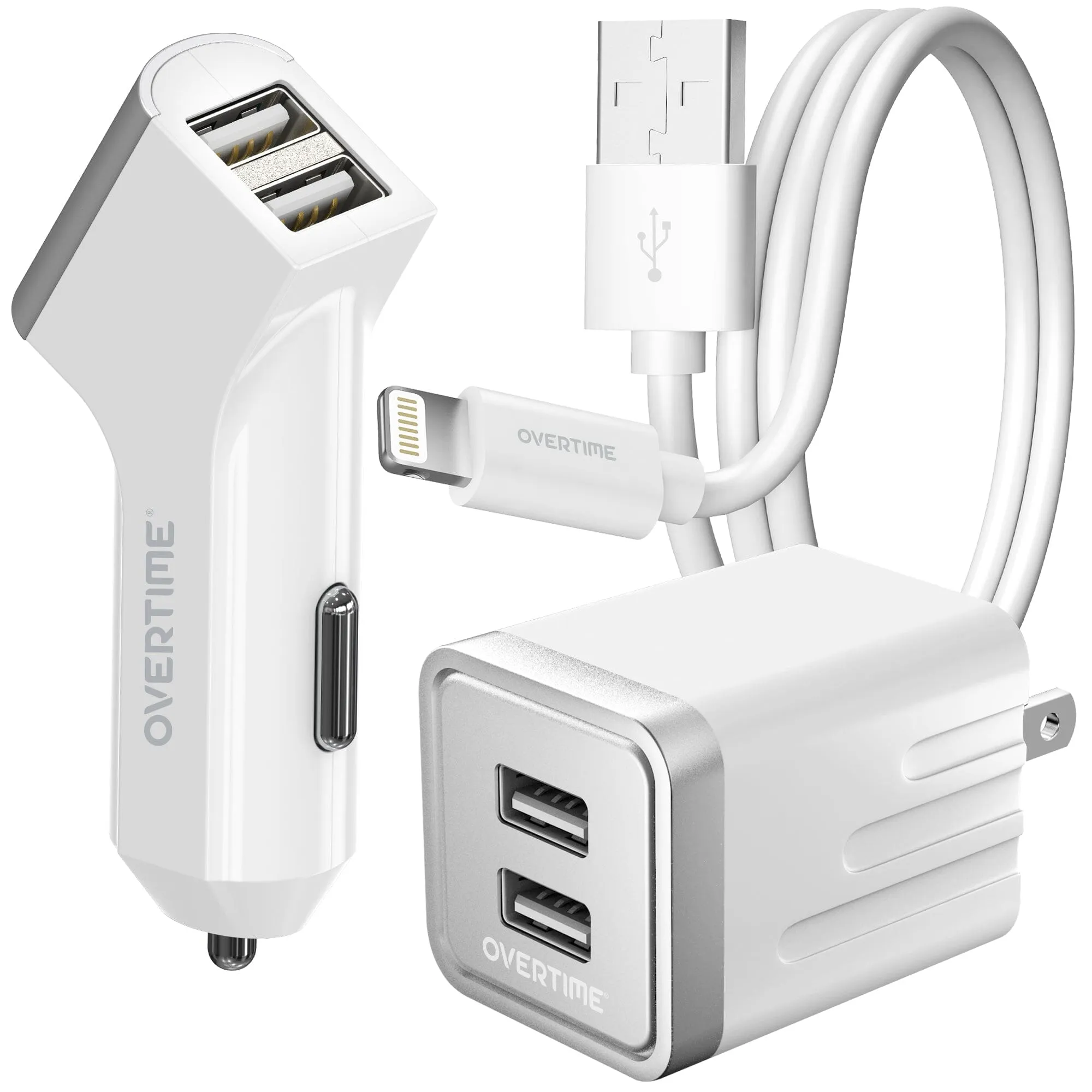 Overtime Home and Car Complete Charging Kit: Fast Wall & Car Chargers   Durable Lightning Cable