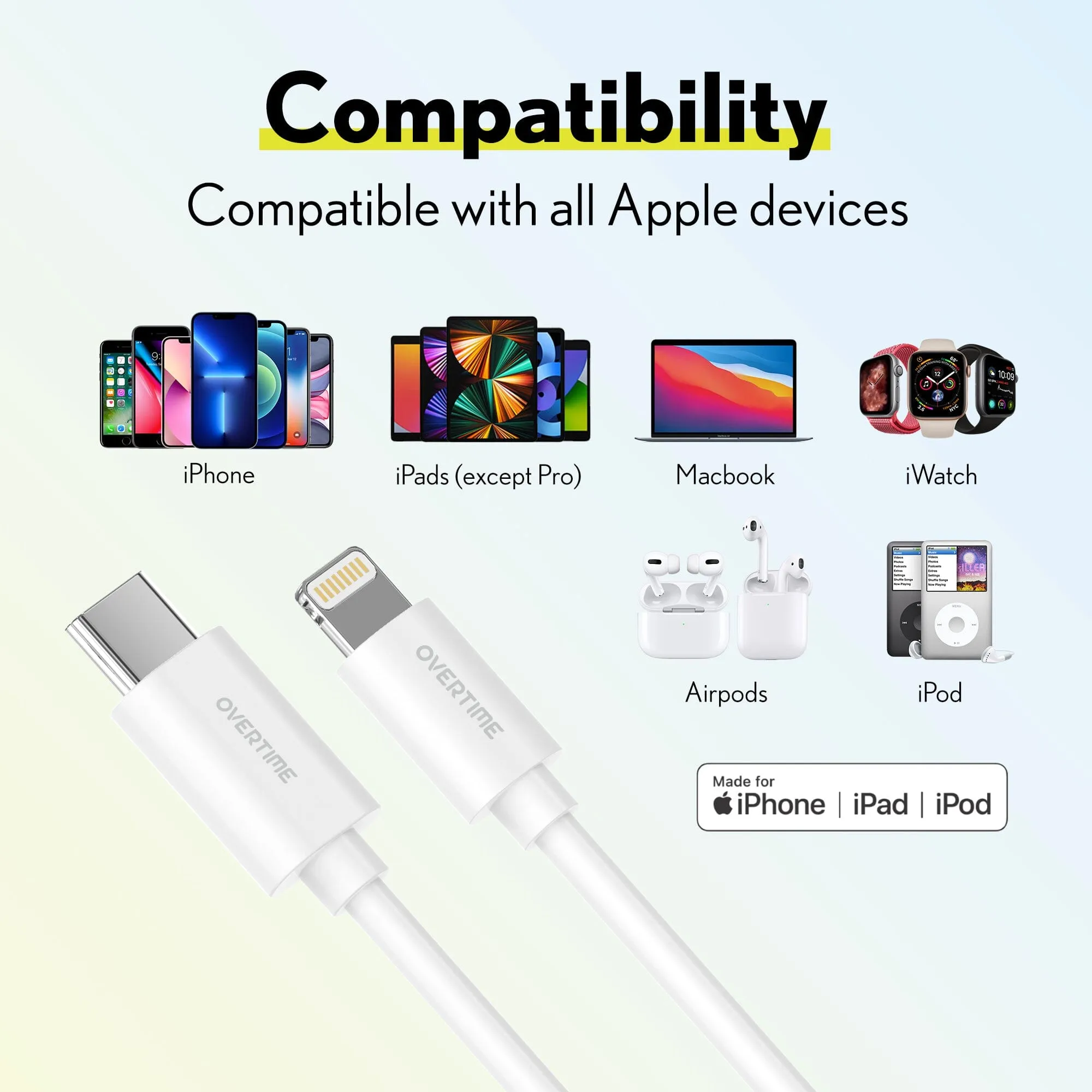 Overtime iPhone MFI Certified 6ft Smart USB-C to Lightning Cable