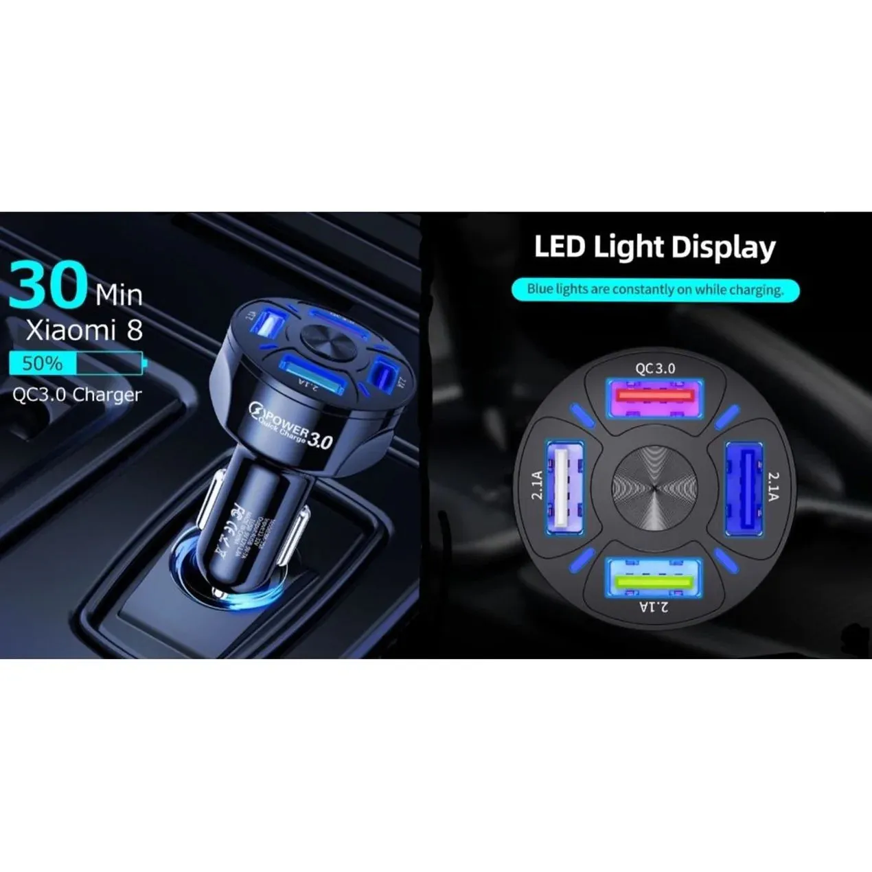 PBG 4 Port LED Car Charger and 10FT Orange Nylon Cable Combo