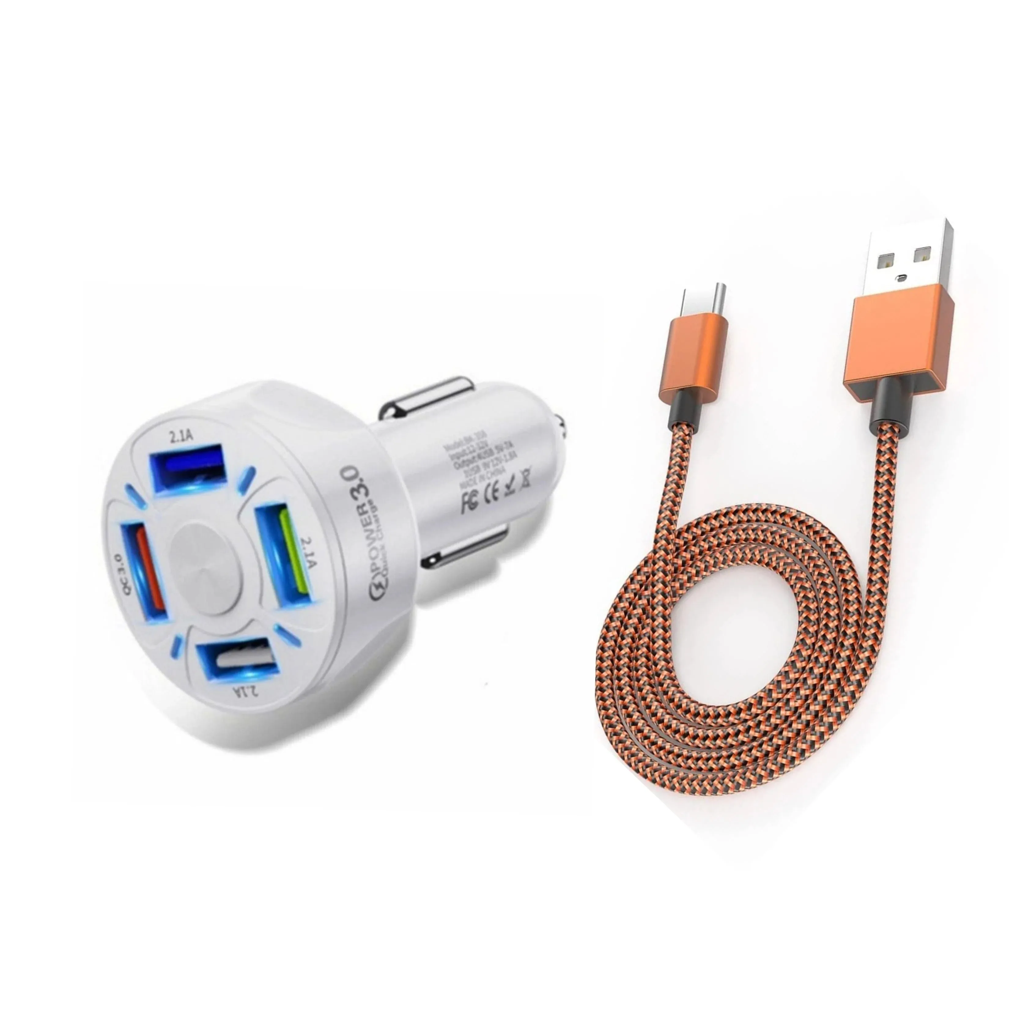 PBG 4 Port LED Car Charger and 10FT Orange Nylon Cable Combo