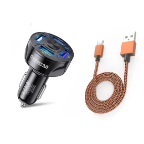 PBG 4 Port LED Car Charger and 10FT Orange Nylon Cable Combo