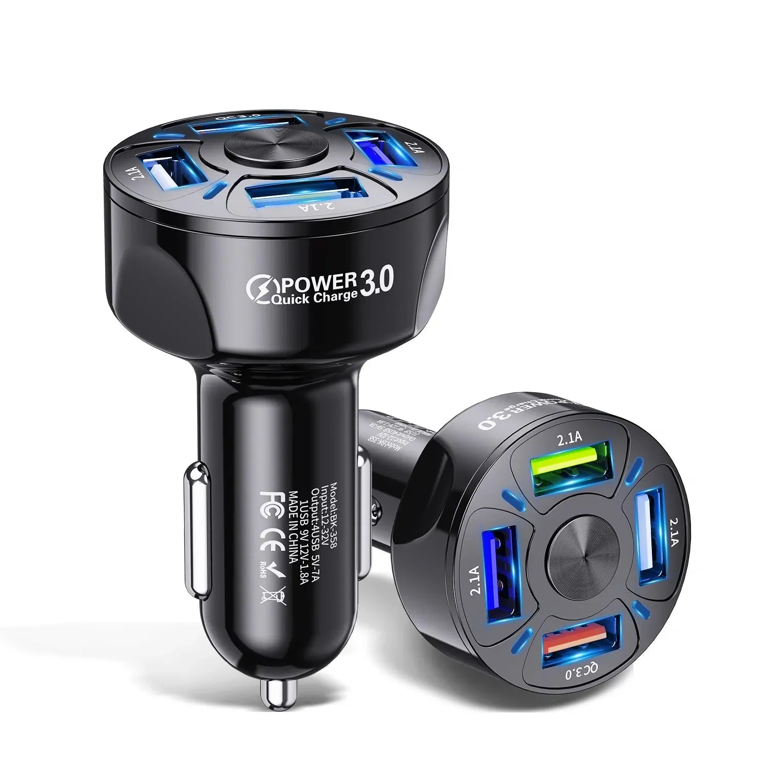 PBG 4 Port LED Car Charger and 10FT Orange Nylon Cable Combo