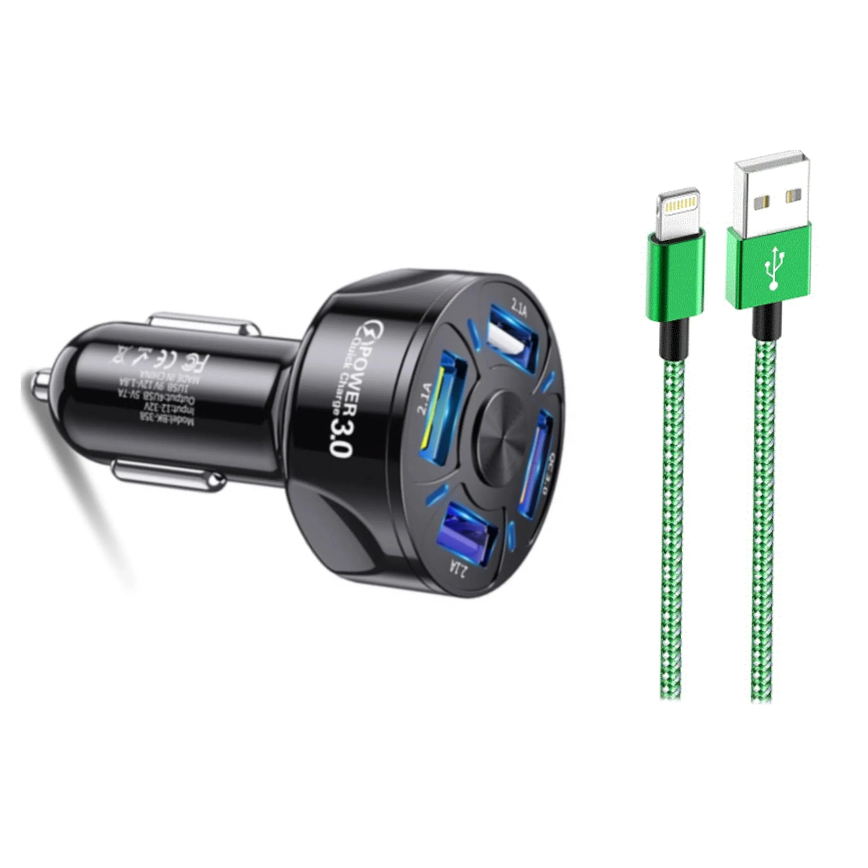 PBG 4 Port LED Car Charger and 6Ft. Lightning Cable Combo
