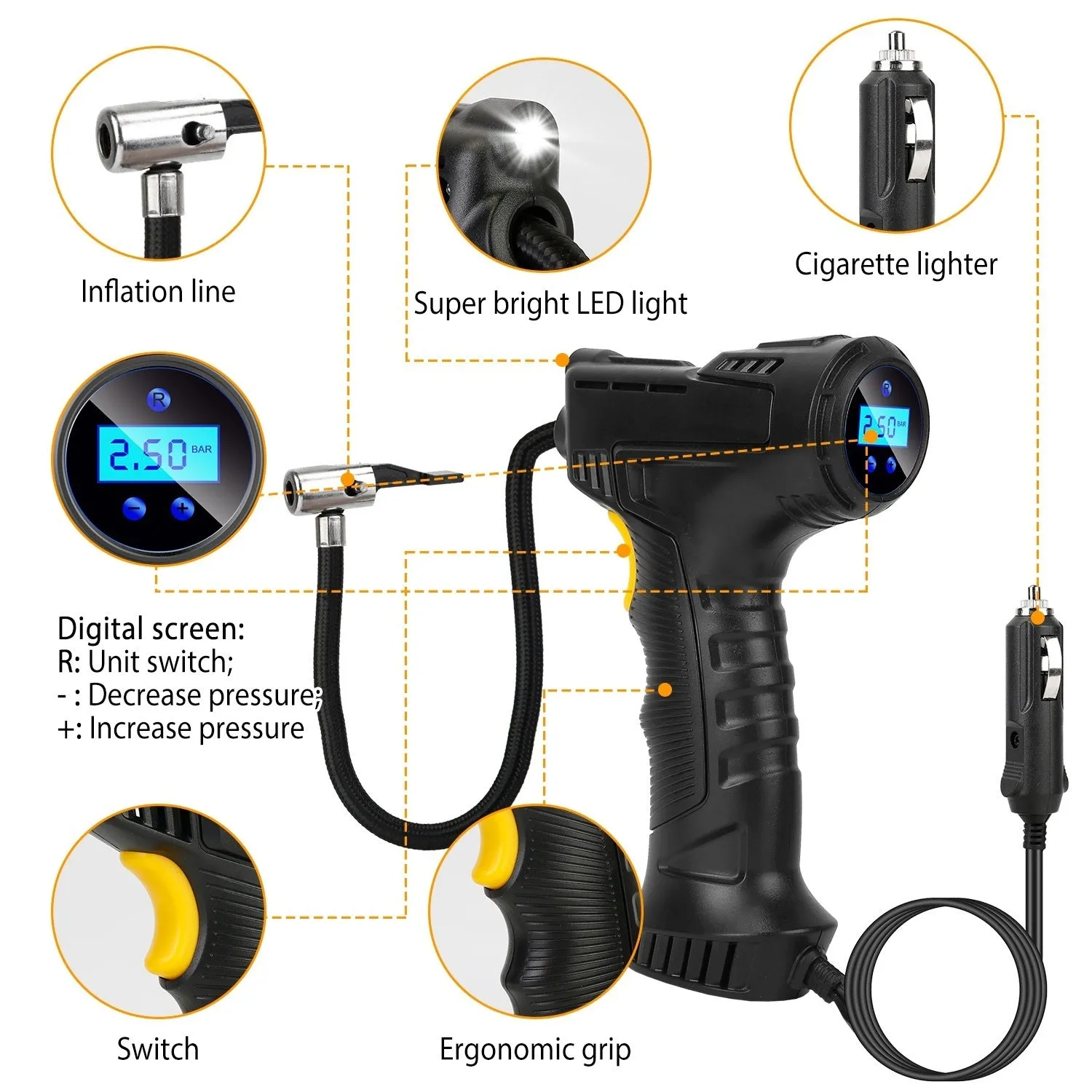 Portable Car Tire Inflator DC 12V Digital Car Air Pump Compressor