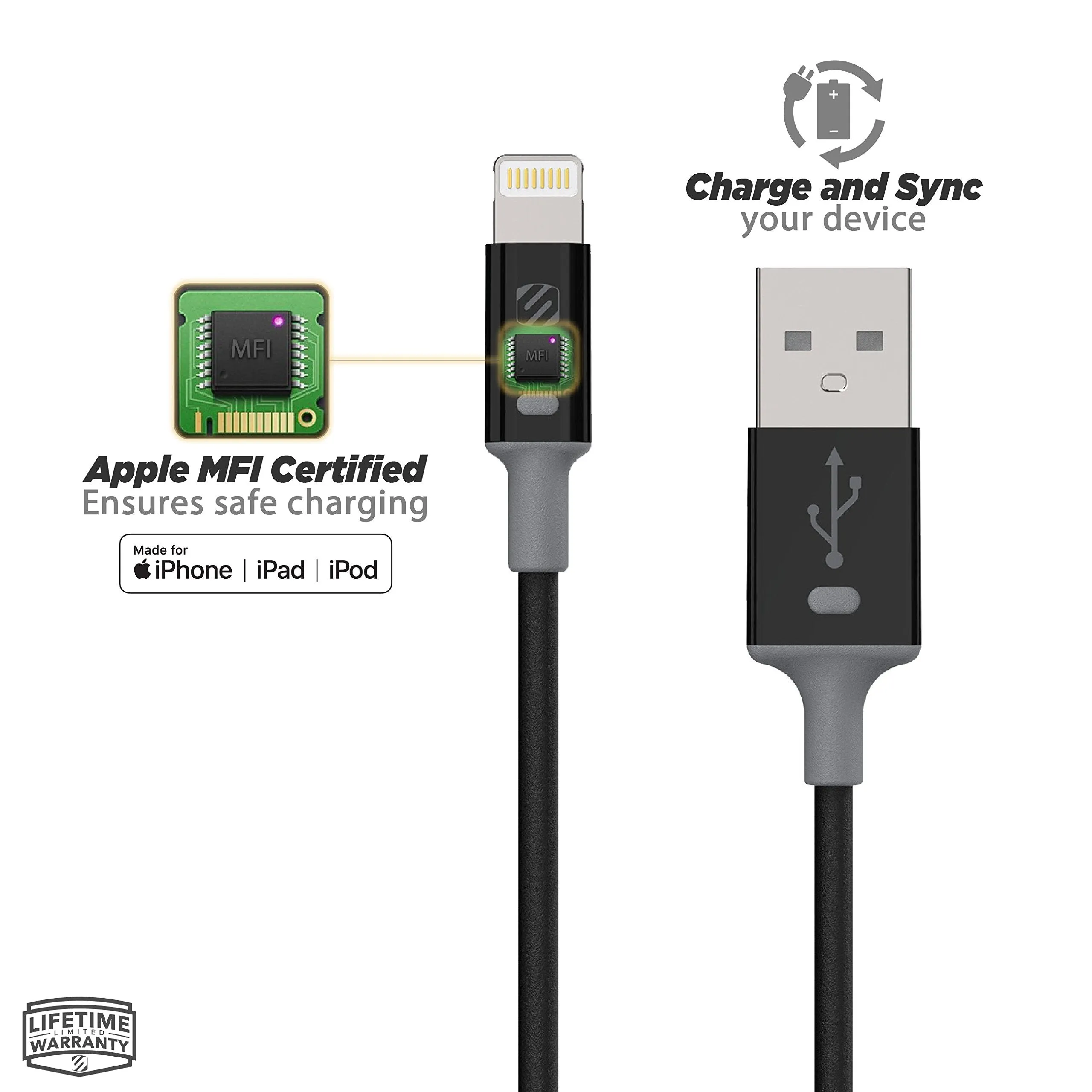 SCOSCHE I2WTA Strikeline II MFI Certified Lightning Charge & Sync Cable for ALL Lightning Devices 3-ft. White & Gray