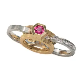 Series 14 | Parallel Wide Band Ring Set, 18k Y  W, Hex. Pink Sapphire