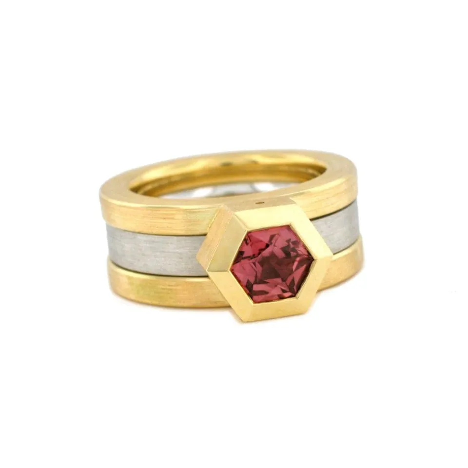 Series 14 | Parallel Wide Band Ring Set, 18k Y  W, Hex. Pink Sapphire