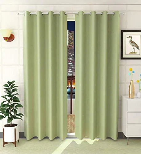 STAR DECOR Single Piece Solid Blackout Plain Faux Silk Eyelet Curtain -100% Opaque - 5 feet Window, Green [1 Piece]