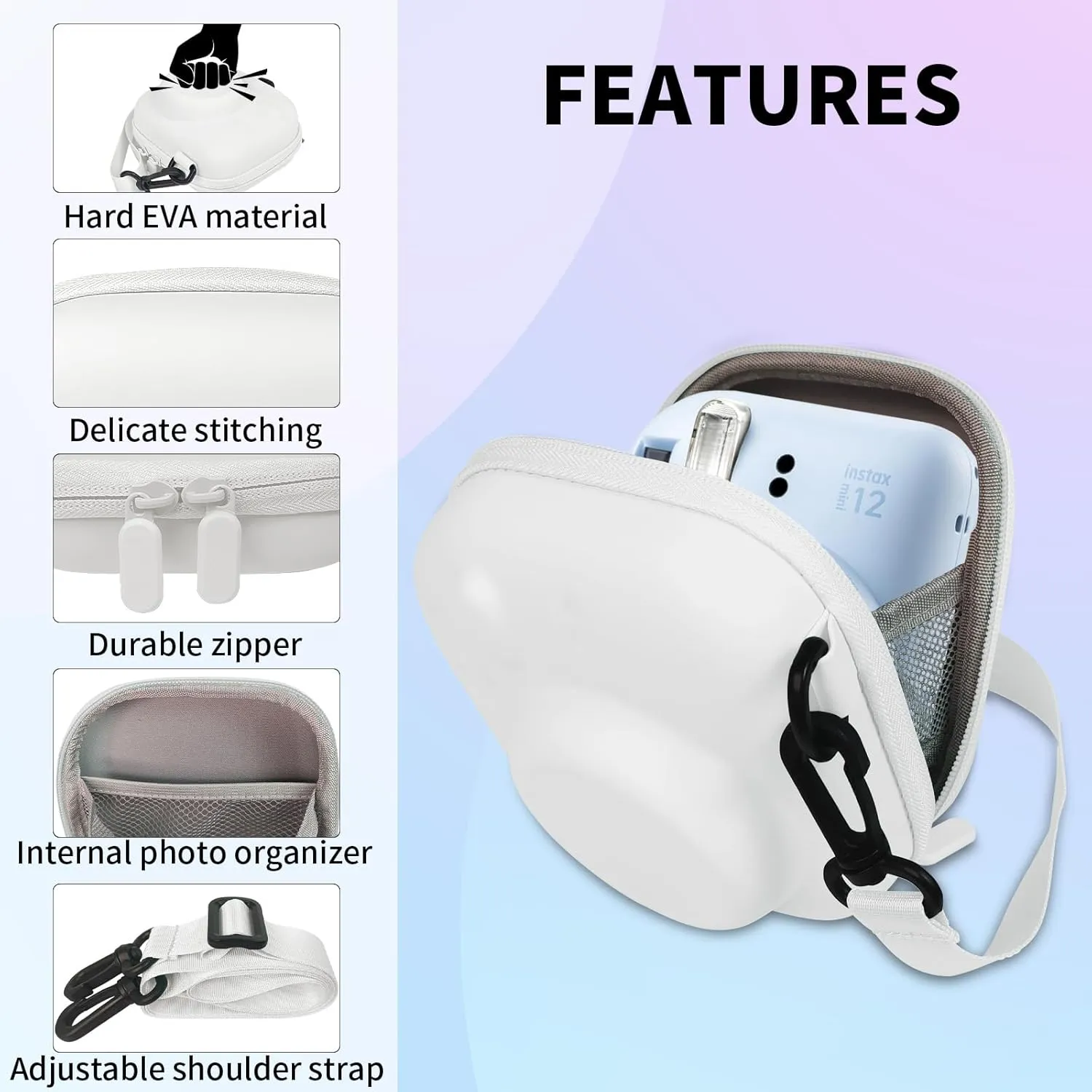 Universal Protective Camera Case for Fujifilm Instax Mini 12 11 9 8 SE 7  40, Instant Camera Bag Hard EVA Case with Shoulder Strap- Clay White