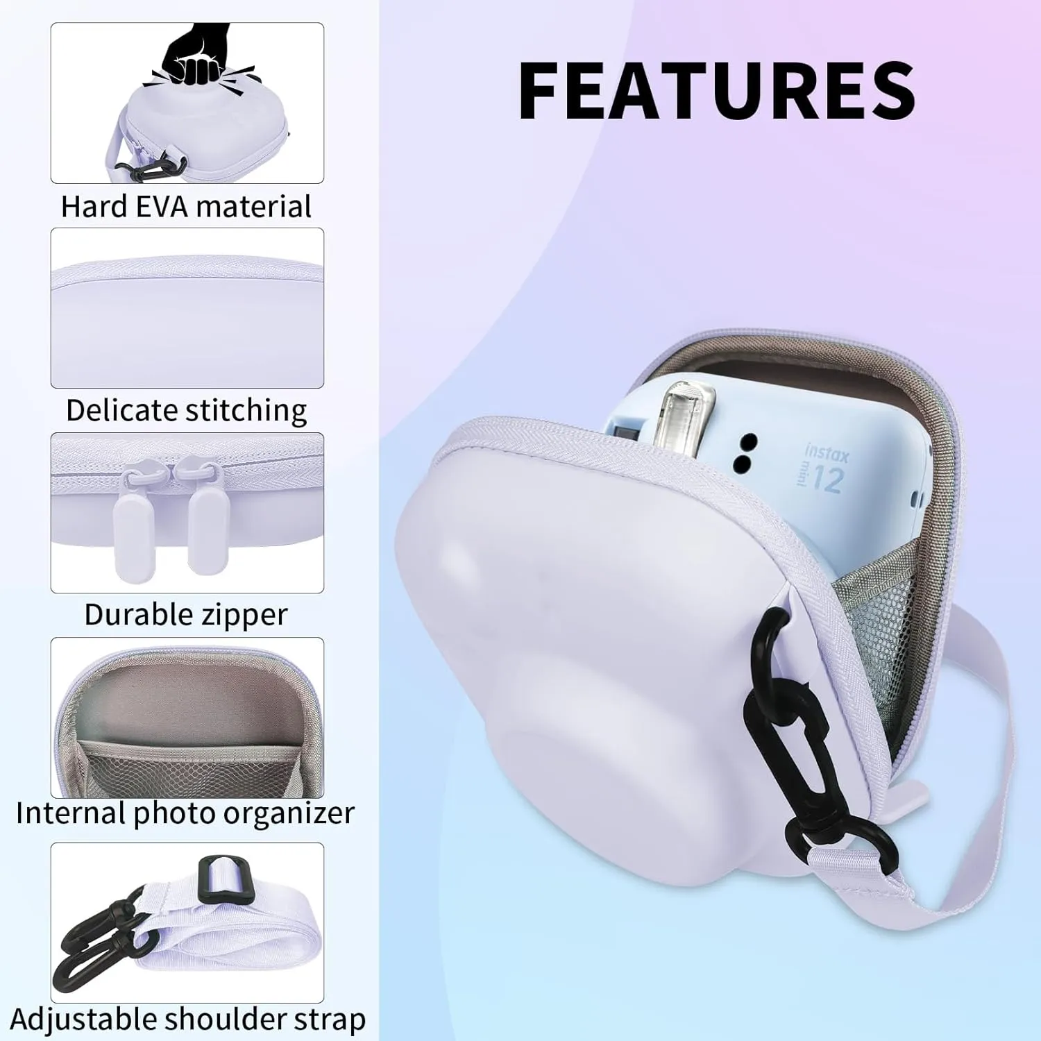 Universal Protective Camera Case for Fujifilm Instax Mini 12 11 9 8 SE 7  40, Instant Camera Bag Hard EVA Case with Shoulder Strap- Lilac purple
