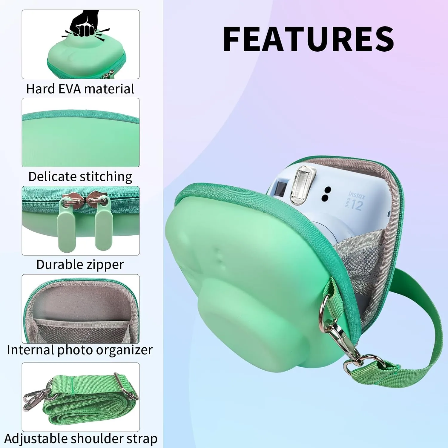 Universal Protective Camera Case for Fujifilm Instax Mini 12 11 9 8 SE 7  40, Instant Camera Bag Hard EVA Case with Shoulder Strap- Mint Green