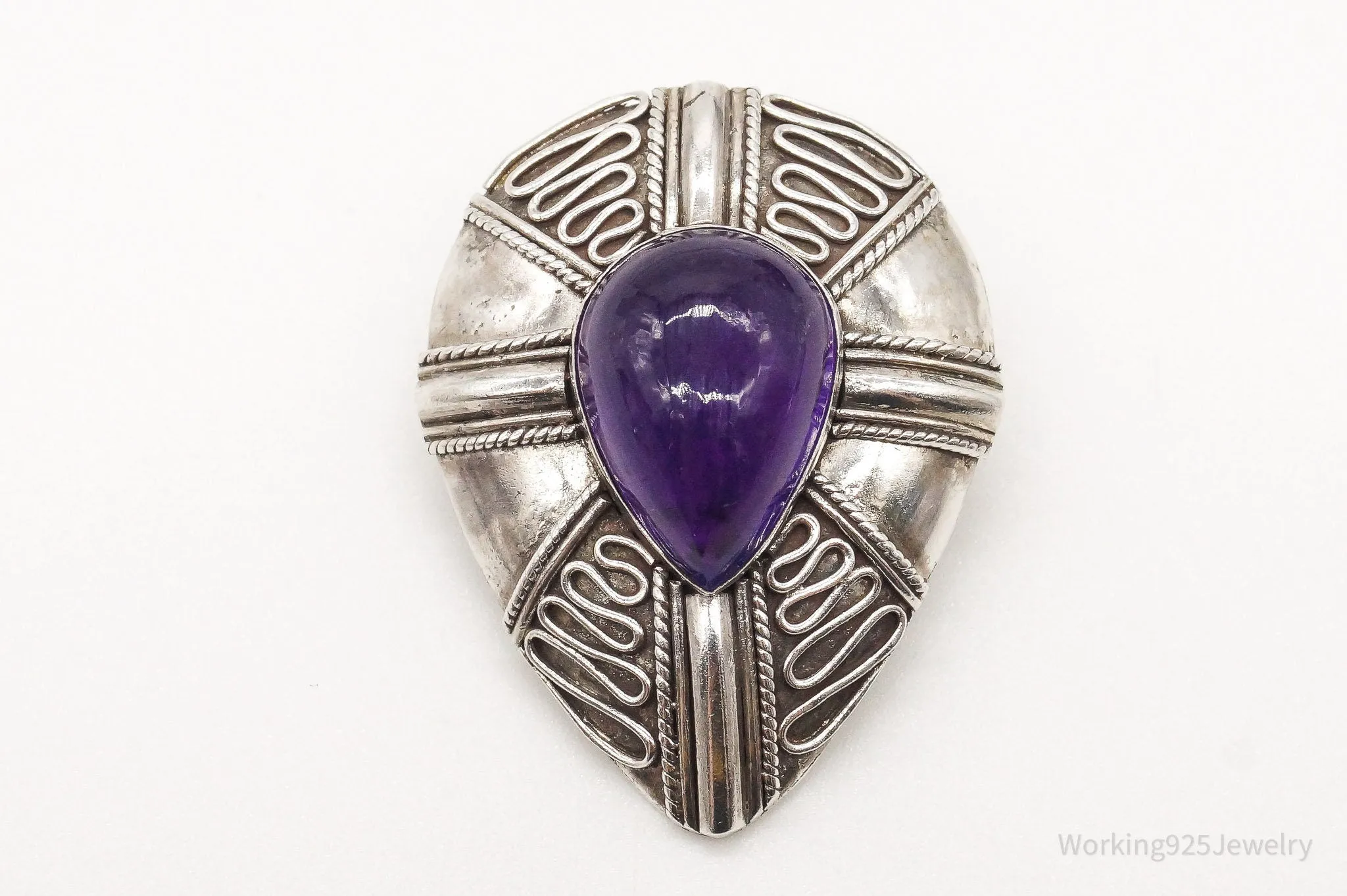 Vintage Amethyst Bali Sterling Silver Brooch Pin Pendant