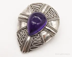 Vintage Amethyst Bali Sterling Silver Brooch Pin Pendant
