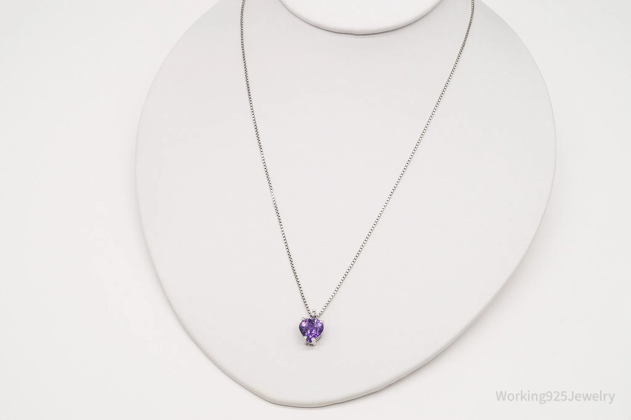 Vintage Amethyst Diamond Sterling Silver Heart Necklace 18"