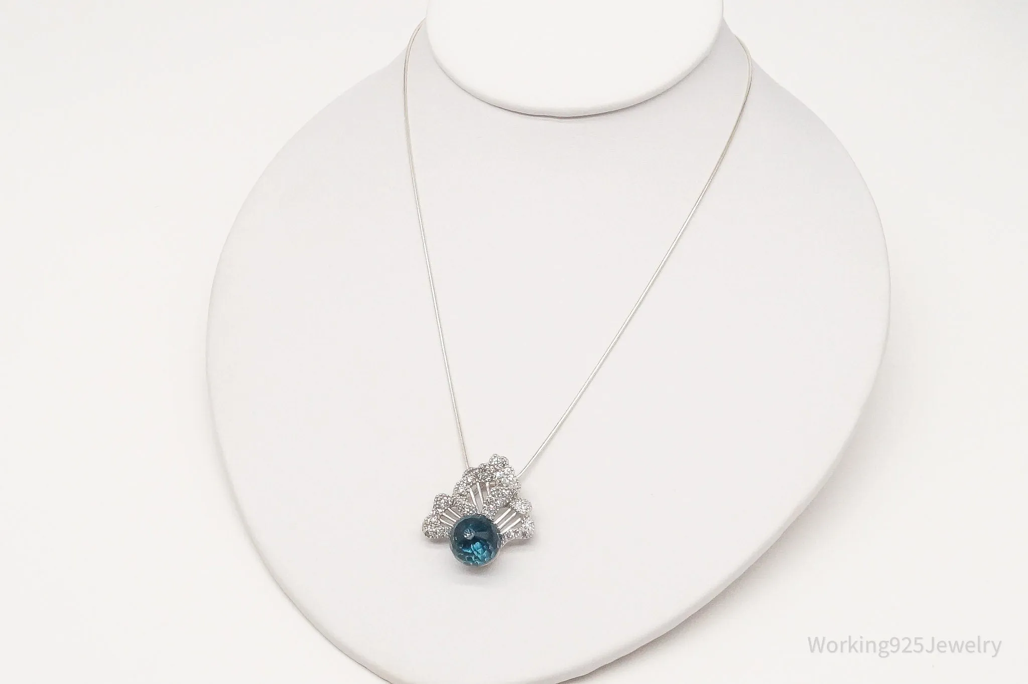 Vintage Blue Glass Stone Cubic Zirconia Sterling Silver Necklace 24"