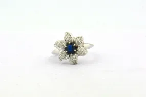 Vintage White Gold Blue Sapphire and Diamond Flower Ring 5 grams